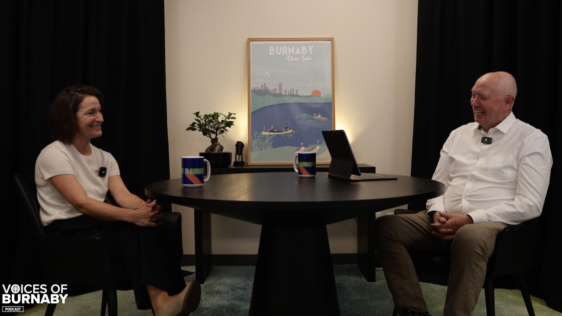 Two people seated at a round table recording a podcast, with Burnaby mugs and a Burnaby Deer Lake poster in the background.